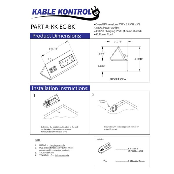 Kable Kontrol EdgeCharge - Desk Power Outlets & USB Hub - 3 AC Power & 4 USB Charging Ports - 4.9 ft cord - KK-EC-BK