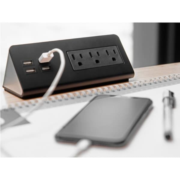 Kable Kontrol EdgeCharge - Desk Power Outlets & USB Hub - 3 AC Power & 4 USB Charging Ports - 4.9 ft cord - KK-EC-BK