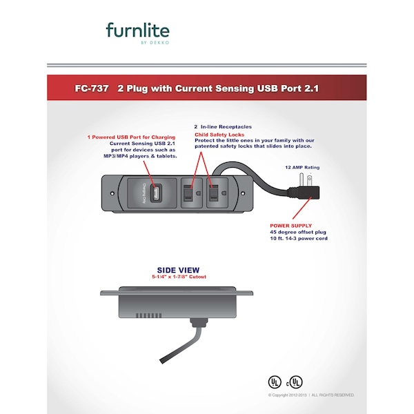 Furnlite Black 10 Ft. 14/3 Power Supply Cord Recess Mount 2-Outlet with USB Port and 45-degree Offset Plug - 76.FC-737