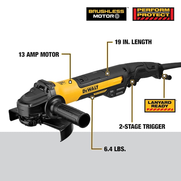 Dewalt 7 in. Brushless Small Angle Grinder, Rat Tail, with Kickback Brake, No Lock, Pipeline Cover - DWE43840CN