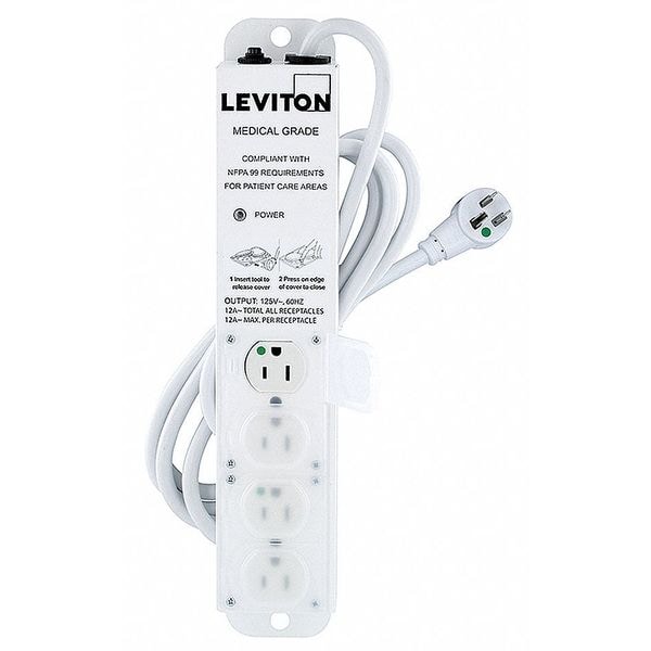 Leviton Outlet Strip, 15 A, 7 ft Cord L, 4 Outlets - 5304M-1N7