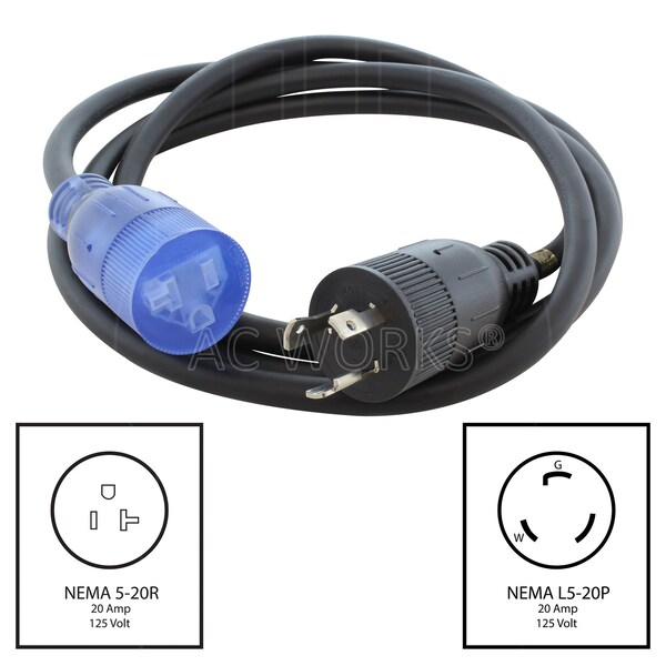 Ac Works 8FT 20A 3-Prong L5-20P Plug to 15/20A 5-15/20R T-Blade Lighted Connector - L520520-096
