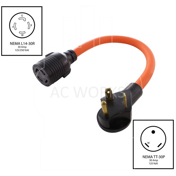 Ac Works 1.5FT RV 30A Plug to L14-30R Two Hots Bridged 30A 125/250V Connector - TT30L1430-018
