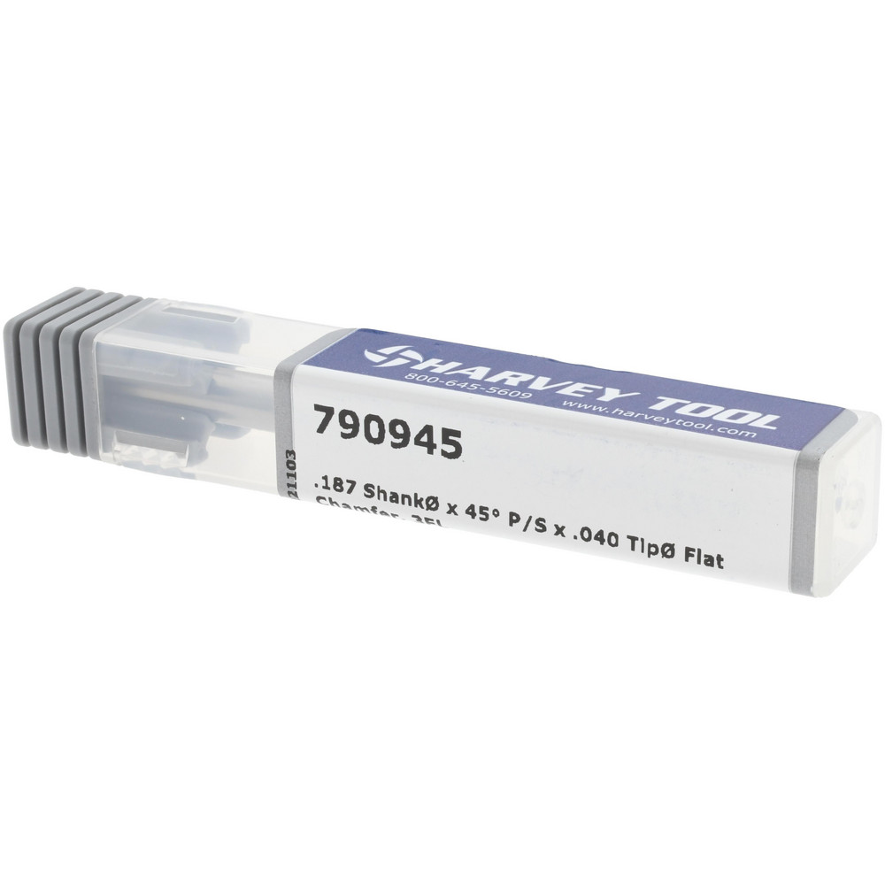 Harvey Tool Chamfer Mill: 3/16" Dia, 3/16" Shank Dia, 90 deg, 3 Flute, Solid Carbide, Single End - 790945