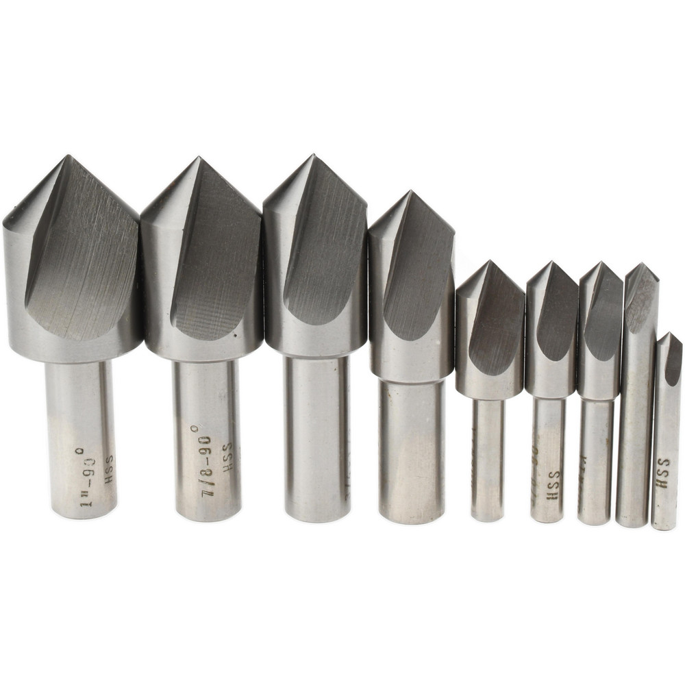 Value Collection Countersink Set: 9 Pc, 3/16 to 1" Head Dia, 1 Flute, 82 deg Included Angle - SC10829S