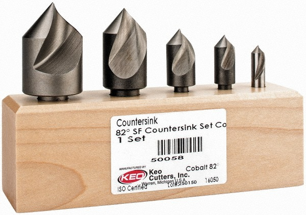 Irwin Countersink Set: 5 Pc, 1/4 to 3/4" Head Dia, 5 Flute, 82 deg Included Angle - 1877793