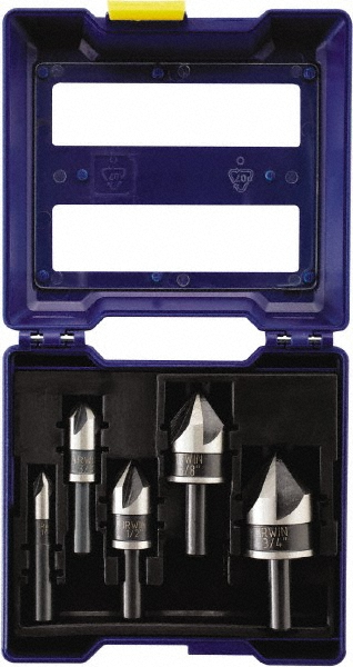 Irwin Countersink Set: 5 Pc, 1/4 to 3/4" Head Dia, 5 Flute, 82 deg Included Angle - 1877793