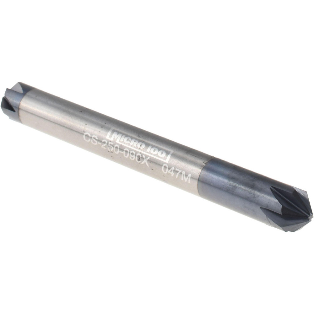 Micro 100 Chamfer Mill: 1/4" Dia, 1/4" Shank Dia, 90 deg, 6 Flute, Solid Carbide, Double End - CS-250-090X