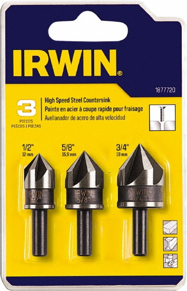 Irwin Countersink Set: 3 Pc, 1/2 to 3/4" Head Dia, 5 Flute, 82 deg Included Angle - 1877720