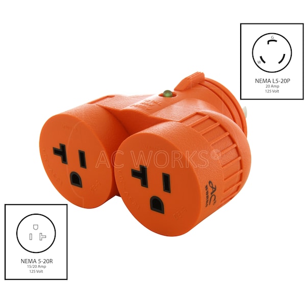 Ac Works Adapter L5-20P 20A 125V 3-Prong Plug to Two 5-20R 20A Household Connectors - ADVL520520