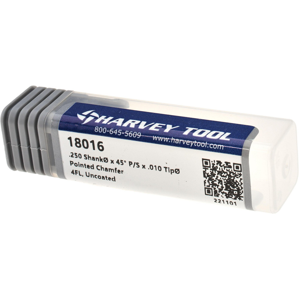 Harvey Tool Chamfer Mill: 1/4" Dia, 1/4" Shank Dia, 90 deg, 4 Flute, Cobalt, Single End - 18016