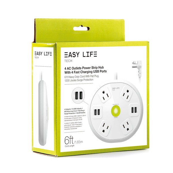 Easylife Tech Base Power Strip 4 Outlet 4 USB 1200 J Surge Protection with 6 ft Cord - 0-2514