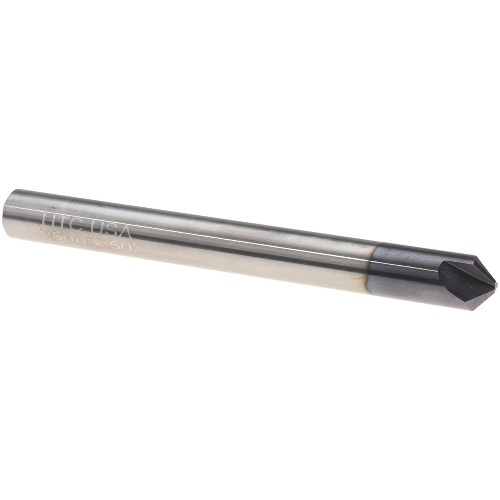 Harvey Tool Chamfer Mill: 1/4" Dia, 1/4" Shank Dia, 100 deg, 3 Flute, Solid Carbide, Single End - 18550-C3