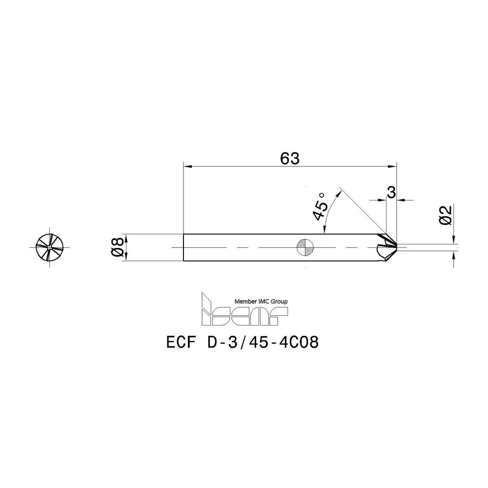 Iscar Chamfer Mill: 2.00 mm Dia, 8.00 mm Shank Dia, 90 deg, 4 Flute, Solid Carbide, Single End - 5621184