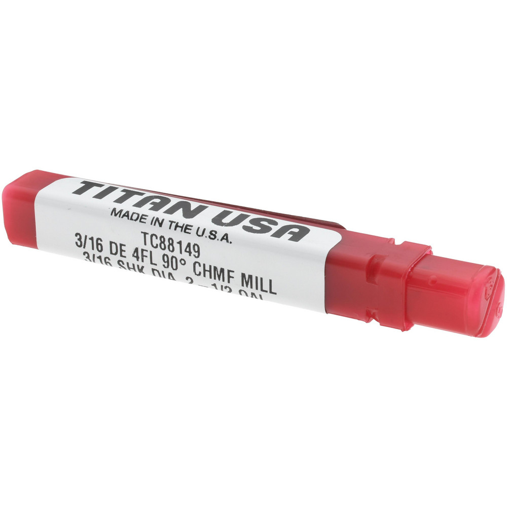 Titan USA Chamfer Mill: 3/16" Dia, 3/16" Shank Dia, 90 deg, 4 Flute, Solid Carbide, Double End - TC88149