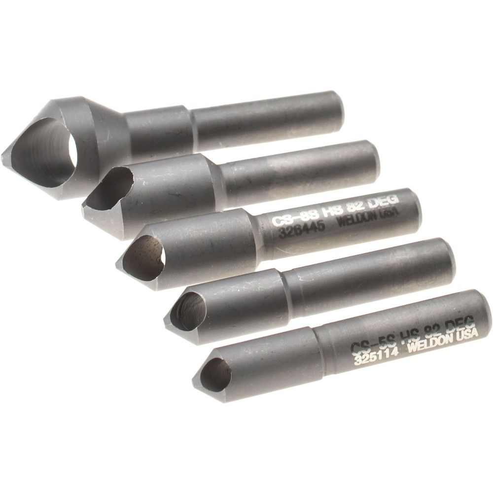 Weldon Countersink Set: 5 Pc, 17/64 to 9/16" Head Dia, 1 Flute, 82 deg Included Angle - 99046-94-W-SET