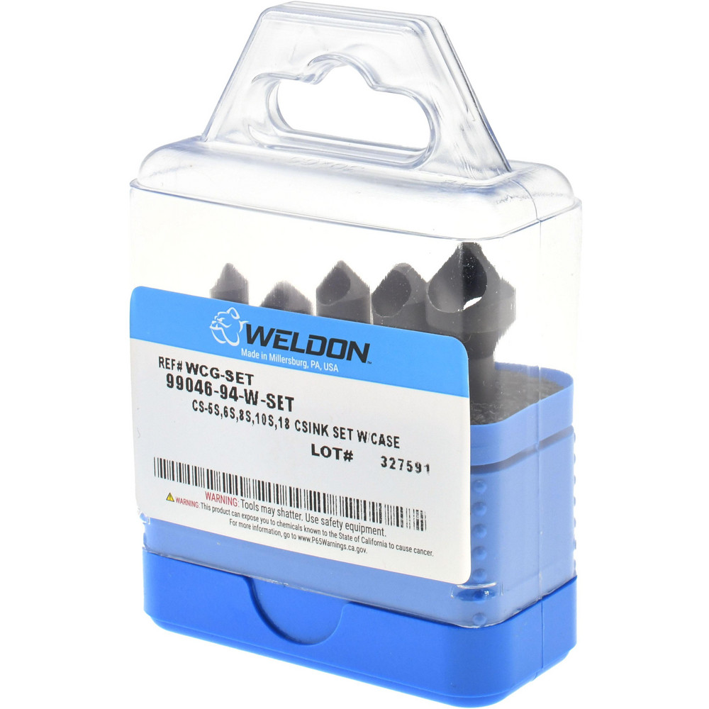 Weldon Countersink Set: 5 Pc, 17/64 to 9/16" Head Dia, 1 Flute, 82 deg Included Angle - 99046-94-W-SET