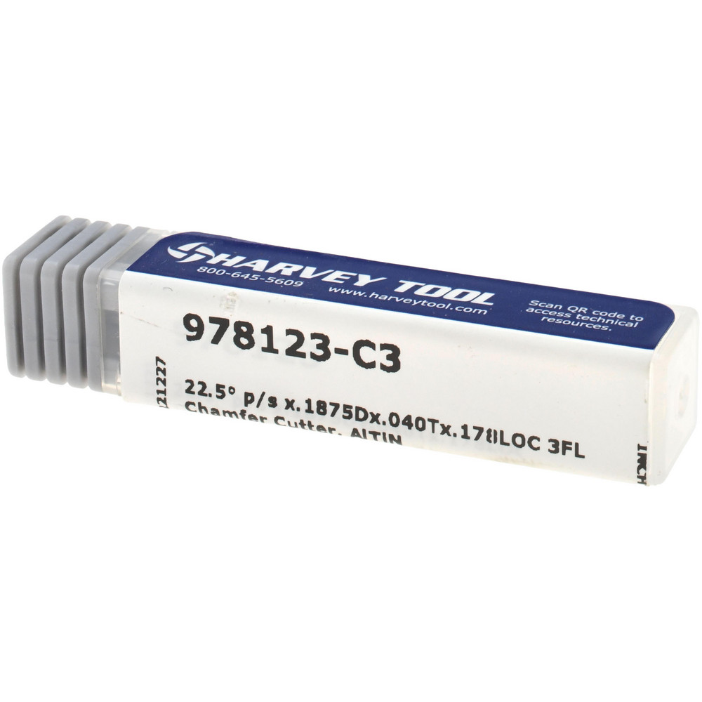 Harvey Tool Chamfer Mill: 3/16" Dia, 3/16" Shank Dia, 45 deg, 3 Flute, Solid Carbide, Single End - 978123-C3
