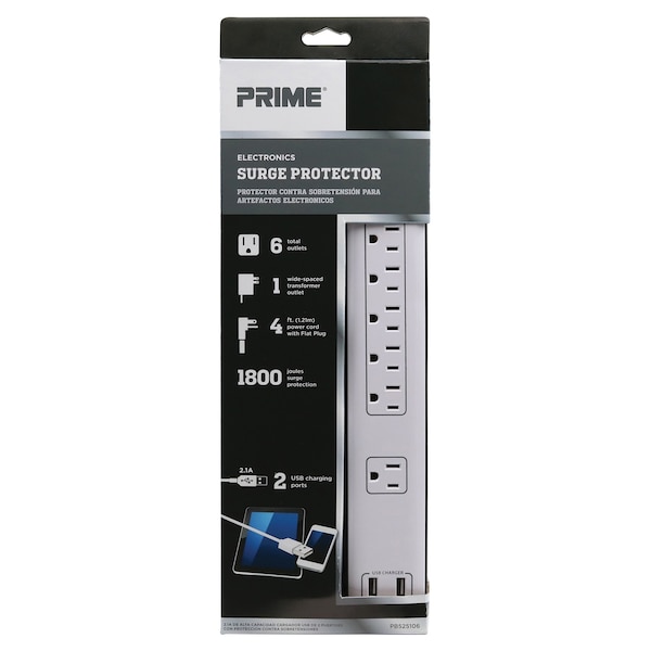 Prime 6-Outlet Multimedia Surge Protector Power Strip with Dual USB Charger - PB525106