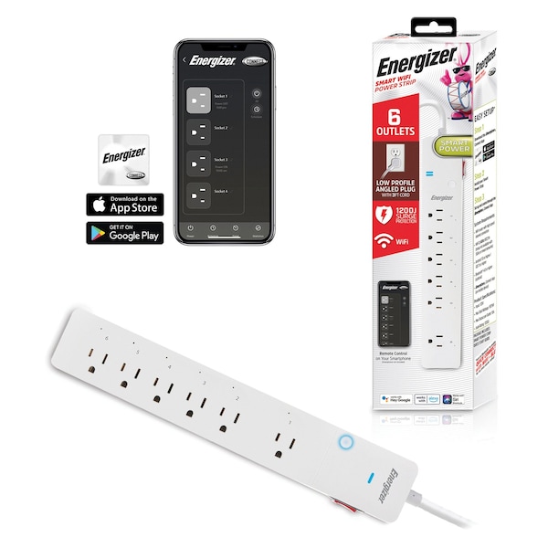 Energizer Smart Wi-Fi 6-Outlet Surge Protector, 6-Ft. Cord Length - EIS3-1004-WHT