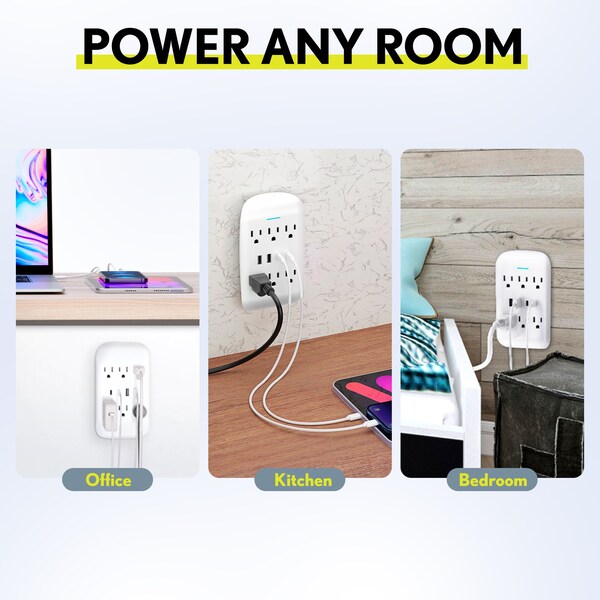 Overtime Multi Outlet Extender Wall Adapter w/ 2 USB and 2 USBC Fast Charging Ports, 6 AC Outlets - OTWP6AC4USB42