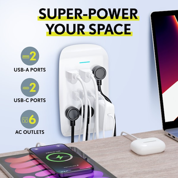 Overtime Multi Outlet Extender Wall Adapter w/ 2 USB and 2 USBC Fast Charging Ports, 6 AC Outlets - OTWP6AC4USB42