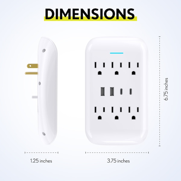 Overtime Multi Outlet Extender Wall Adapter w/ 2 USB and 2 USBC Fast Charging Ports, 6 AC Outlets - OTWP6AC4USB42