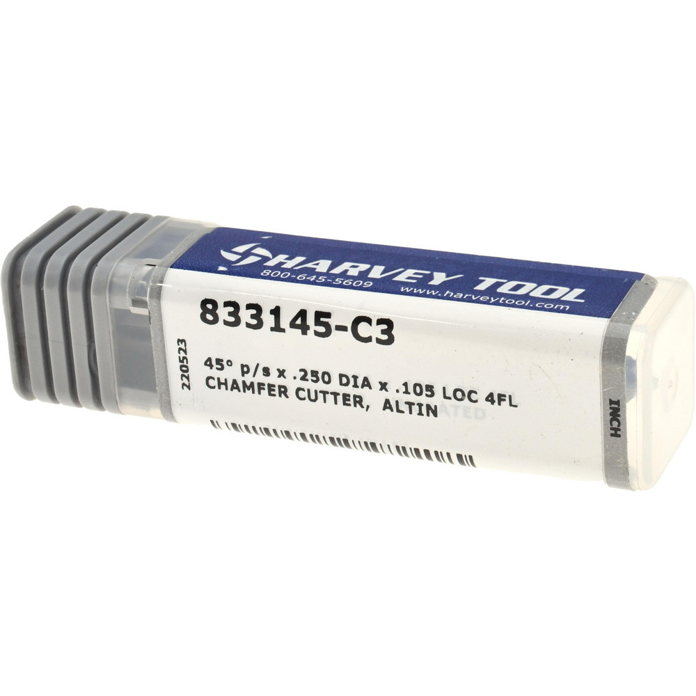Harvey Tool Chamfer Mill: 1/4" Dia, 1/4" Shank Dia, 90 deg, 4 Flute, Solid Carbide, Single End - 833145-C3
