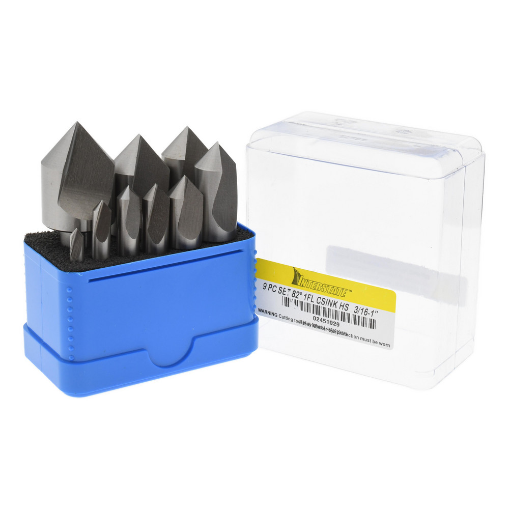 Value Collection Countersink Set: 9 Pc, 3/16 to 1" Head Dia, 1 Flute, 60 deg Included Angle - SC10609S