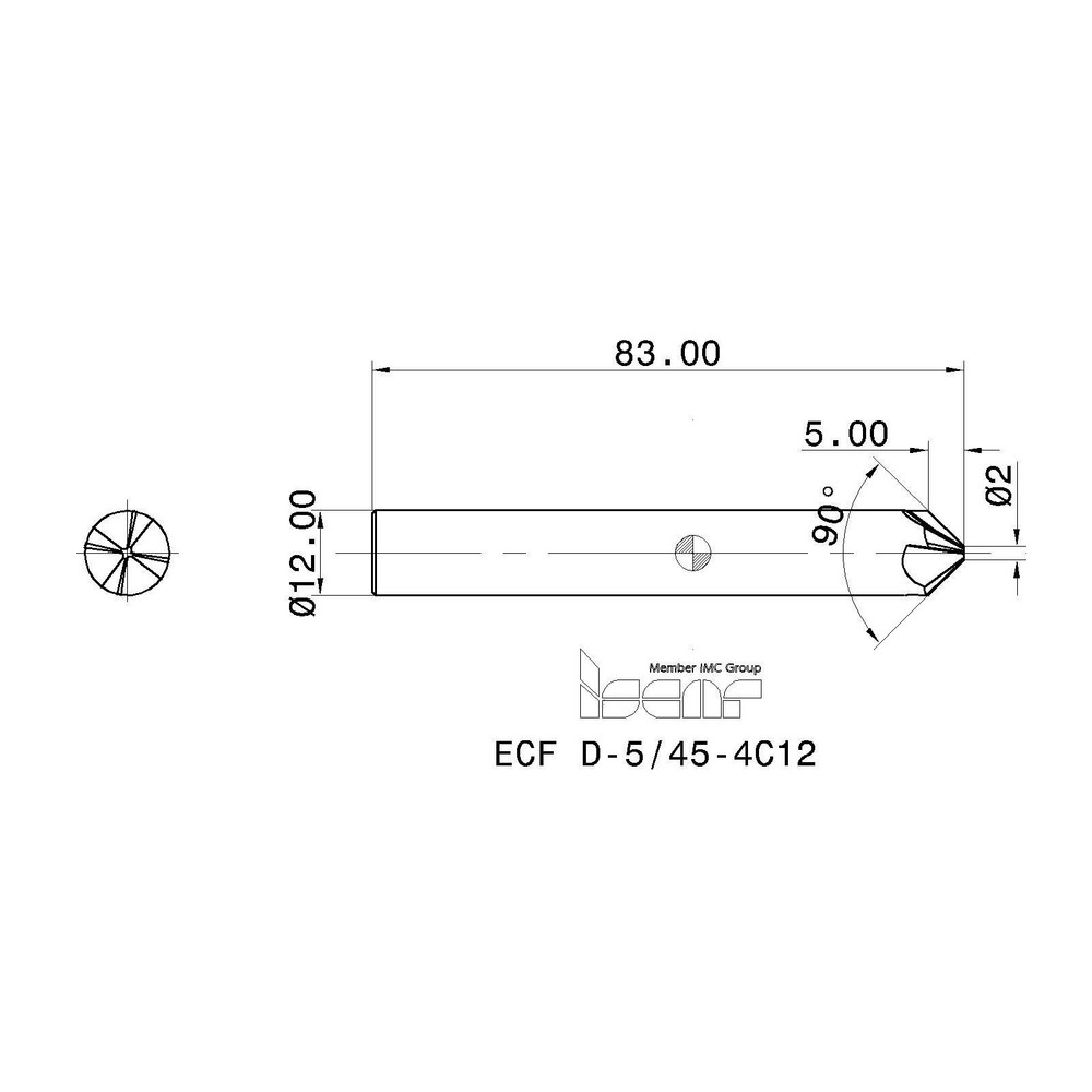 Iscar Chamfer Mill: 12.00 mm Dia, 12.00 mm Shank Dia, 90 deg, 4 Flute, Solid Carbide, Single End - 5621186
