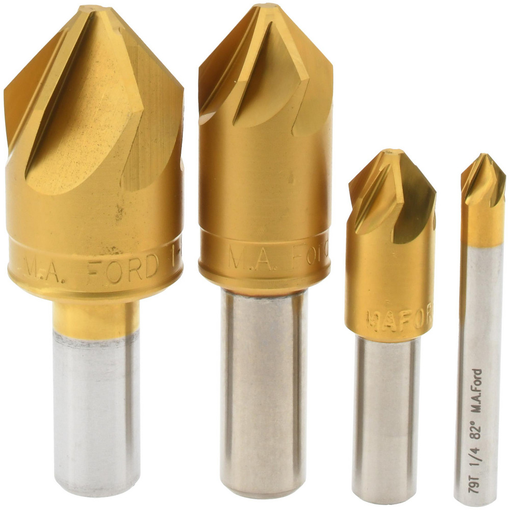M.A. Ford® Countersink Set: 4 Pc, 1/4 to 1" Head Dia, 1 Flute, 82 deg Included Angle - 64B100002