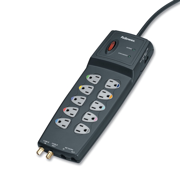 Fellowes Power Guard Surge Protector, 10 Outlets, 10 ft Cord, 3300 Joules, Gray - 99115