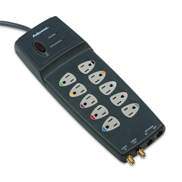 Fellowes Power Guard Surge Protector, 10 Outlets, 10 ft Cord, 3300 Joules, Gray - 99115