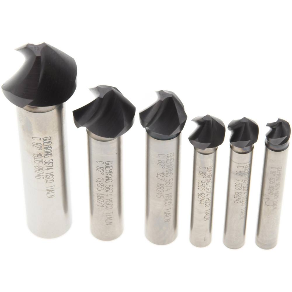 Guhring Countersink Set: 6 Pc, 1/4 to 3/4" Head Dia, 3 Flute, 82 deg Included Angle - 9056760010000