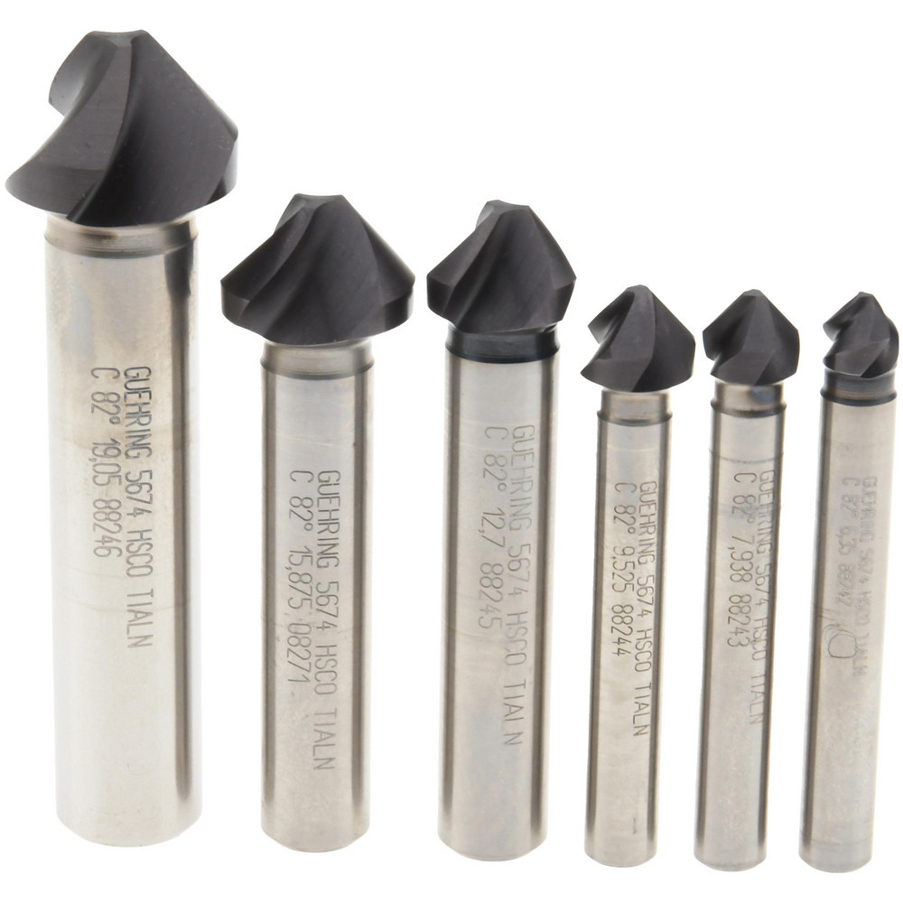 Guhring Countersink Set: 6 Pc, 1/4 to 3/4" Head Dia, 3 Flute, 82 deg Included Angle - 9056760010000