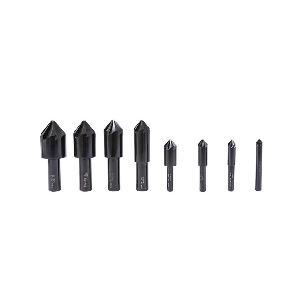 Value Collection Countersink Set: 8 Pc, 1/4 to 1" Head Dia, 6 Flute, 82 deg Included Angle - SC20828S