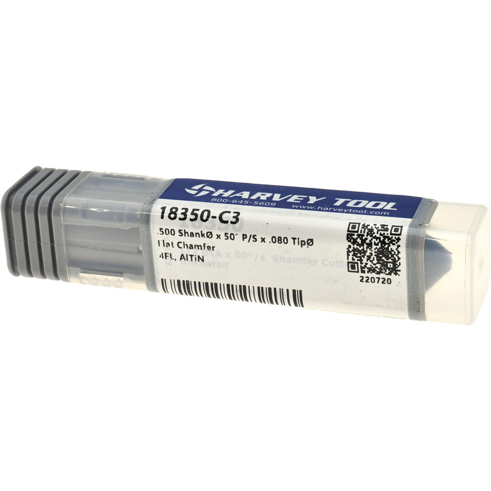 Harvey Tool Chamfer Mill: 1/2" Dia, 1/2" Shank Dia, 100 deg, 4 Flute, Solid Carbide, Single End - 18350-C3