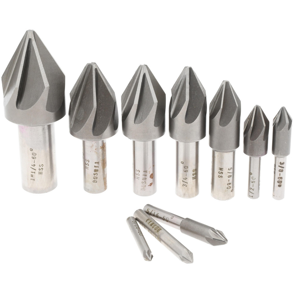 Value Collection Countersink Set: 10 Pc, 3/16 to 1-1/4" Head Dia, 6 Flute, 60 deg Included Angle - SC20601210S