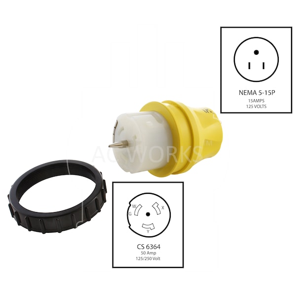Ac Works Transfer Switch Temp Power 15A Plug to CS6364 Two hots bridged 50A Locking - ADTE515