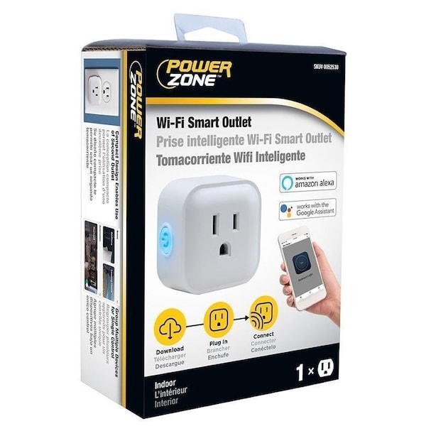 Powerzone Wi-Fi Controlled Outlet, 1 -Pole, 15 A, 125 V, Grounded Socket, Wi-Fi, White - ORRCWFII11