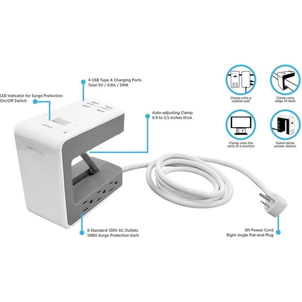 Accell Power U Power Station with Surge Protection, 6-Foot Cord (White) - D080B-045F