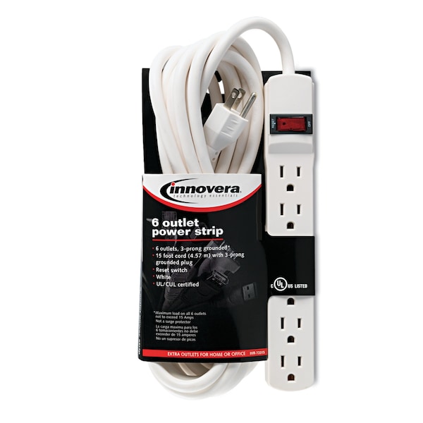 Innovera 6-Outlet Power Strip, 15 ft. Cord, 1-15/16 x 10-3/16 x 1-3/16, Ivory - IVR73315