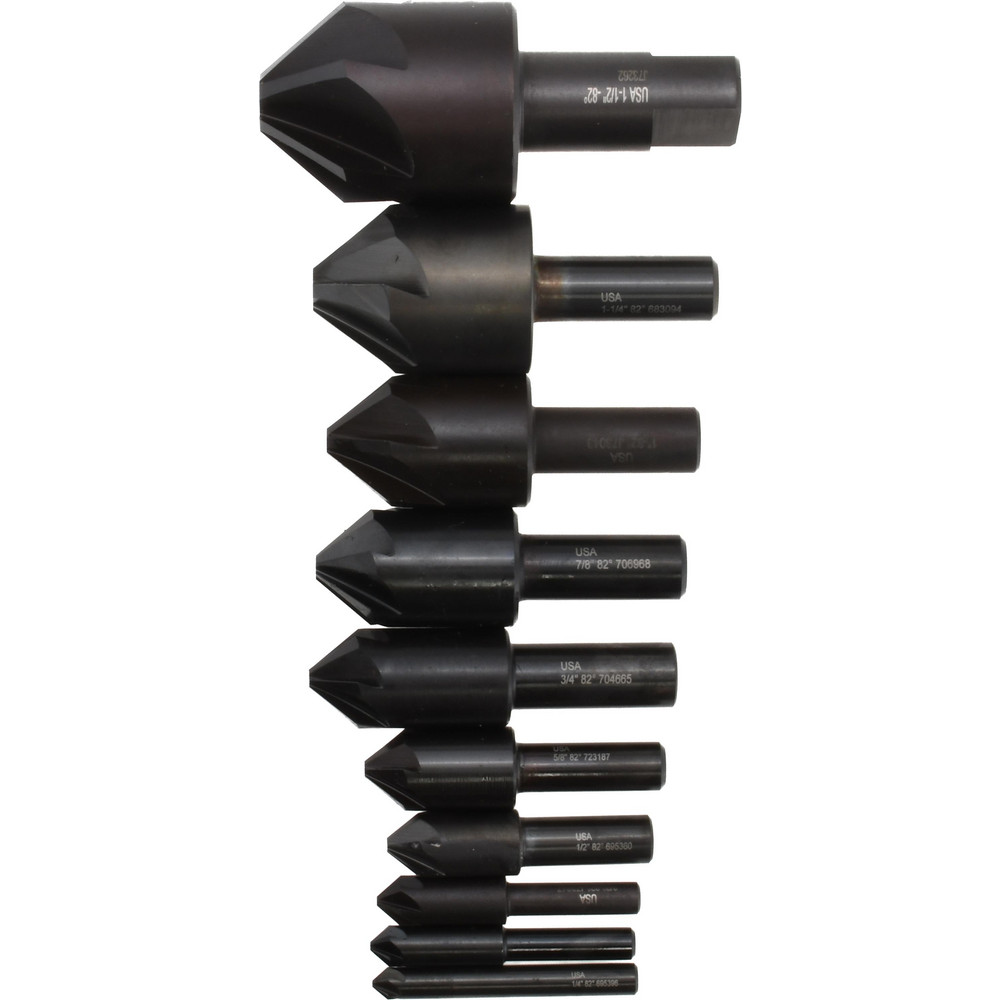 Hertel Countersink Set: 10 Pc, 1/4 to 1-1/2" Head Dia, 6 Flute, 82 deg Included Angle - GX89331169