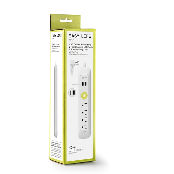 Easylife Tech 4 Outlet 2 USB Port Power Strip 1200J Surge Protector 6FT Ext Cord - 0-2628