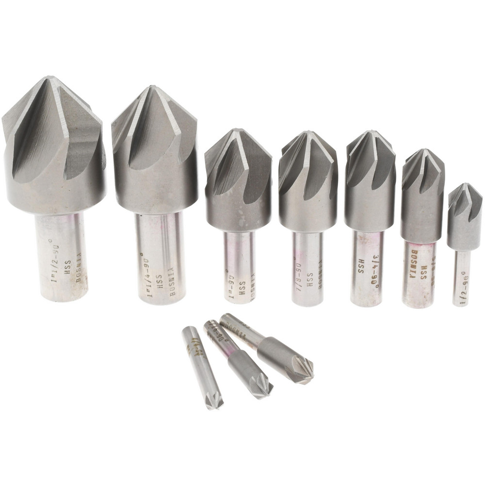 Value Collection Countersink Set: 10 Pc, 1/4 to 1-1/2" Head Dia, 6 Flute, 90 deg Included Angle - SC209010S