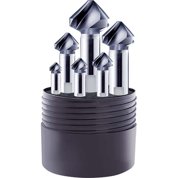 Guhring Countersink Set: 6 Pc, 1/4 to 3/4" Head Dia, 3 Flute, 82 deg Included Angle - 9056770010000