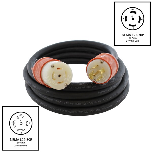 Ac Works SOOW Extension Cord, 10 AWG, Indoor/Outdoor, 10/5, 1 Outlets, L22-30R, Black, Rubber, L22-30P - L2230PR-100