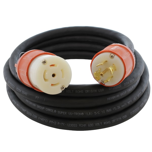 Ac Works SOOW Extension Cord, 10 AWG, Indoor/Outdoor, 10/5, 1 Outlets, L22-30R, Black, Rubber, L22-30P - L2230PR-100