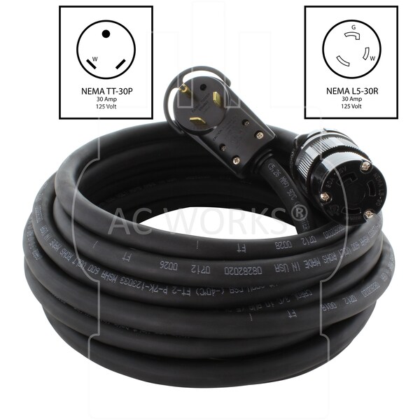 Ac Works SOOW Extension Cord, 10 AWG, Indoor/Outdoor, 10/3, 1 Outlets, Black, Rubber, Nylon, TT-30P, 50 ft - TT30L530-010
