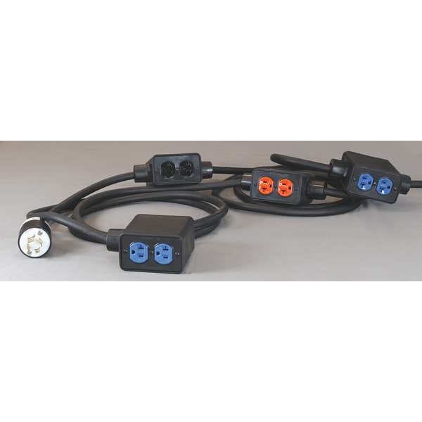 Kh Industries SOOW; Stringer Extension Cord, 12 AWG, Indoor, 12/4, 8 Outlets, 5-20R, Black, Rubber, L14-20P - PS6DD4-520-B12M-L1420D